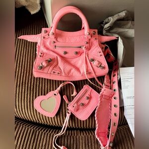 Balenciaga Pink Leather Mini City Satchel with Heart Mirror Tag